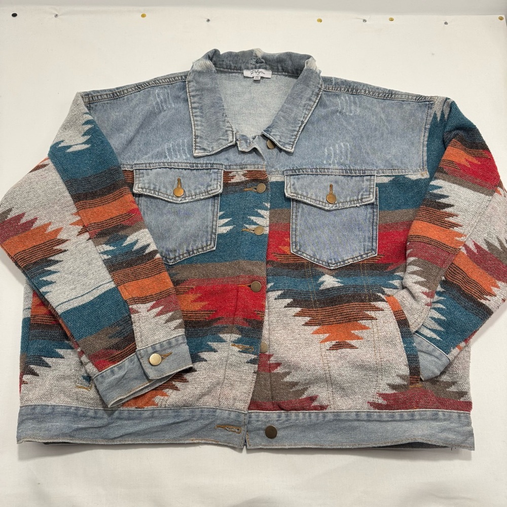 Southwestern Colorful Denim Jacket with Aztec Pattern Western XXL 2X
